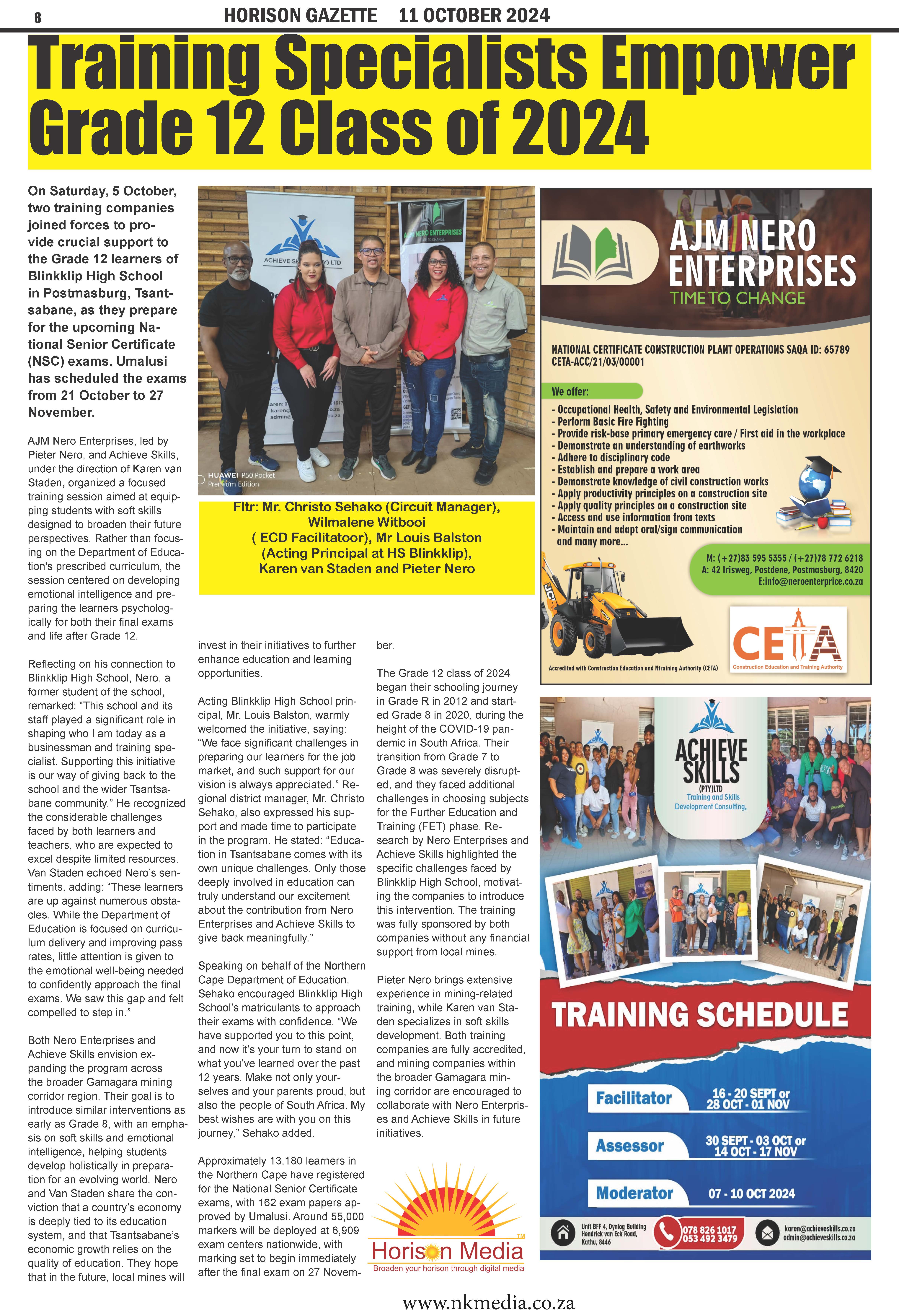 Blinkklip Gr12 training in horison gazette 11OCT 2024
